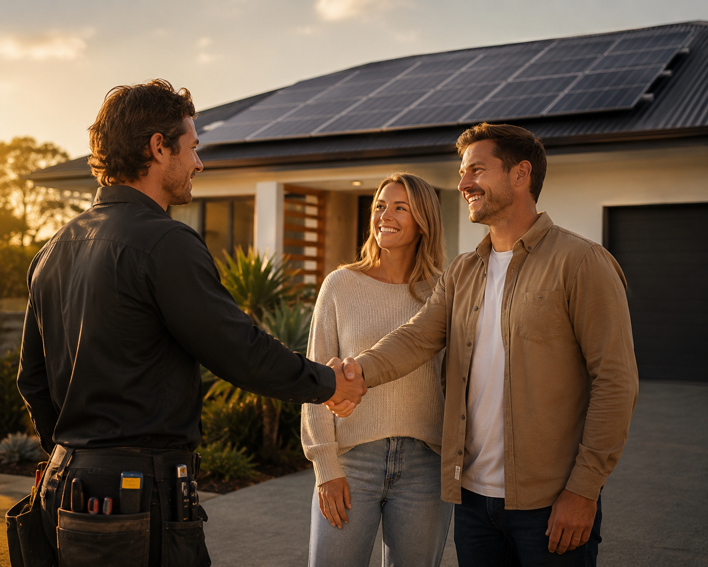 Solar installer shaking hands with homeowners in front of their solar-powered home