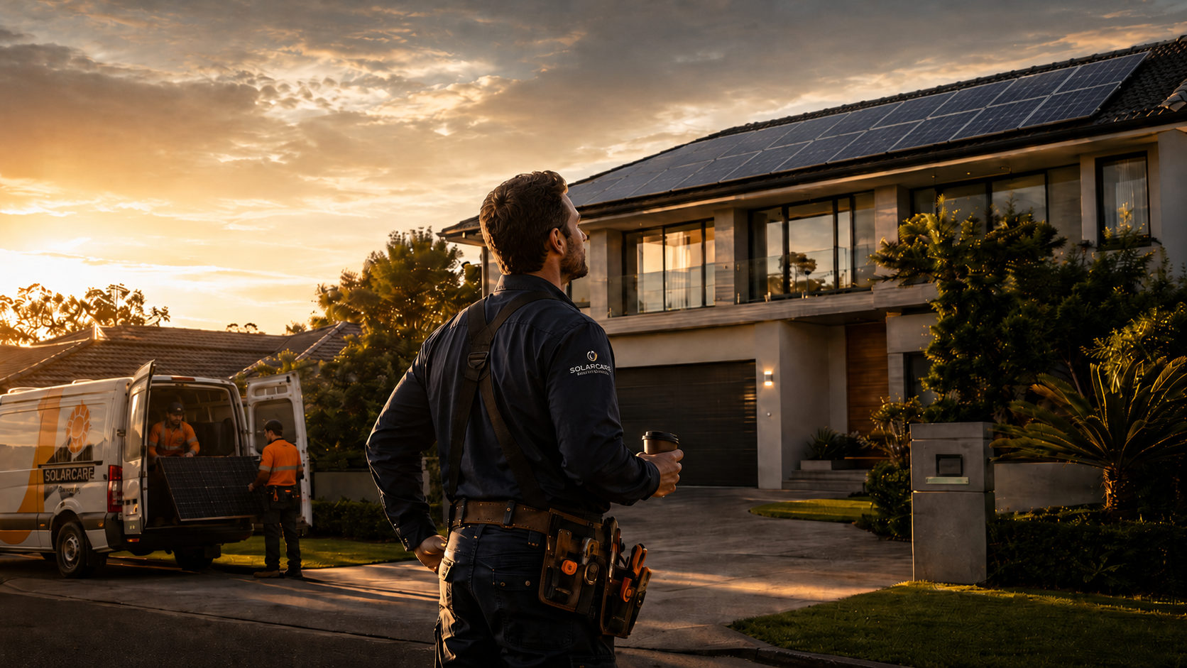 Solar installer at golden hour in front of a premium home